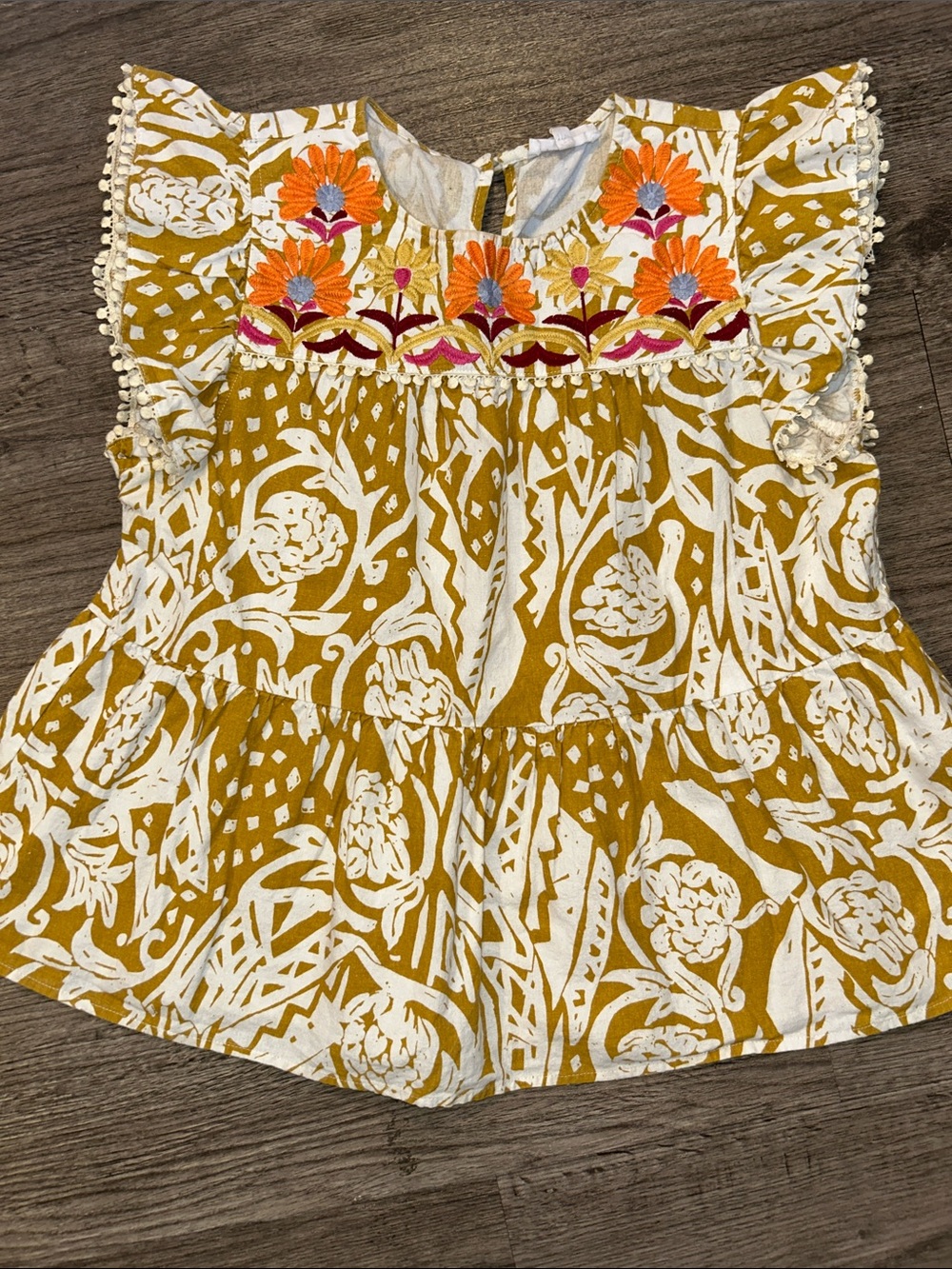 THML Embroidered Floral Boho Babydoll Top Mustard Cotton Small - Picture 2 of 8